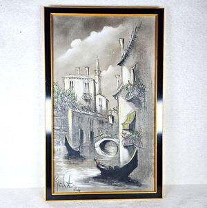 Vintage Signed 1984 Framed Venice Canal Charcoal Mixed Media Framed Art 13x21
